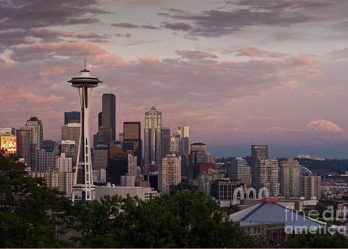 Kerry Park Greeting Card featuring the photograph Seattle Skyline with Space Needle and stormy weather with Mount #3 by Jim Corwin