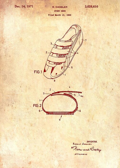 Patent Greeting Card featuring the drawing Sport Shoe Patent 1971 #3 by Mountain Dreams