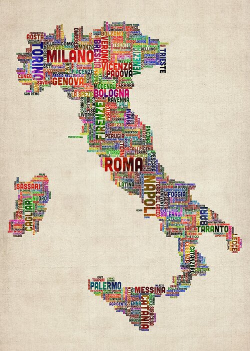 italy Map Greeting Card featuring the digital art Text Map of Italy Map by Michael Tompsett