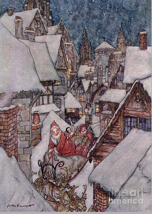 Santa Greeting Card featuring the drawing The Night Before Christmas by Arthur Rackham