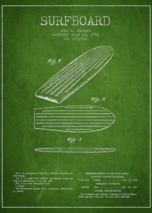 Surfboard Greeting Card featuring the digital art Vintage Surfboard patent from 1958 #4 by Aged Pixel
