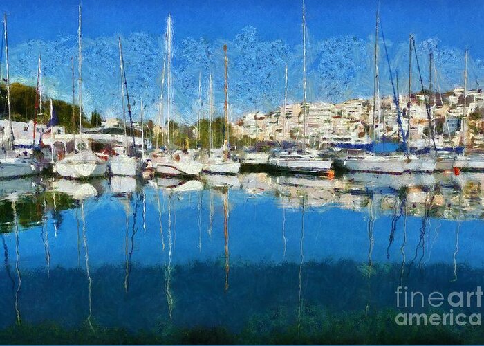 Mikrolimano Greeting Card featuring the painting Reflections in Mikrolimano port #24 by George Atsametakis