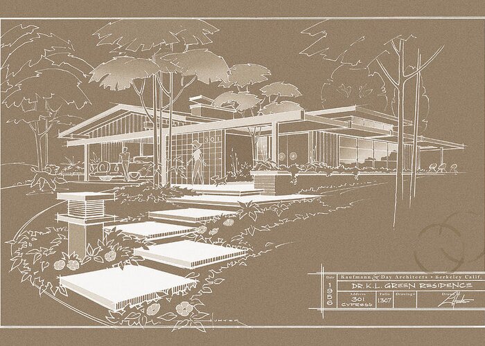 Mid Century Greeting Card featuring the drawing 301 Cypress Drive - Sepia by Larry Hunter