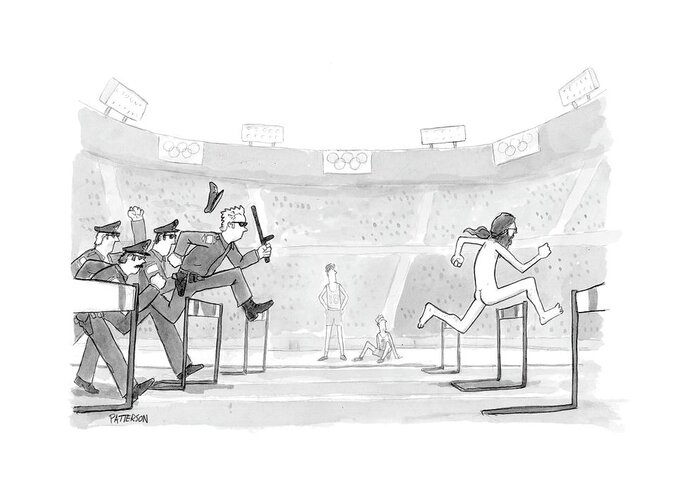 Sports Crime Olympics Naked 
(police Chasing Naked Streaker Across Olympic Track.) 119215  Jpt Jason Patterson Sumnerperm Greeting Card featuring the drawing New Yorker August 30th, 2004 by Jason Patterson