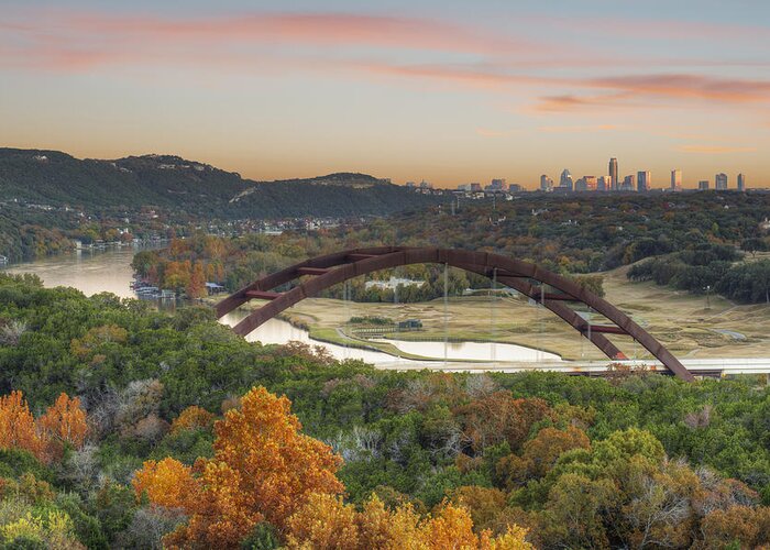 Austin Images Greeting Card featuring the photograph 360 Bridge and the Austin Skyline in Autumn by Rob Greebon