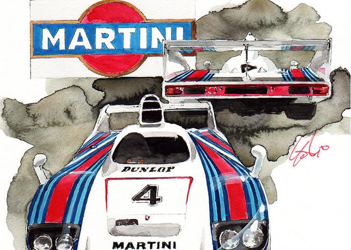 Porsche 936 Martini Racing Greeting Card featuring the painting Porsche Martini racing car by Yoshiharu Miyakawa