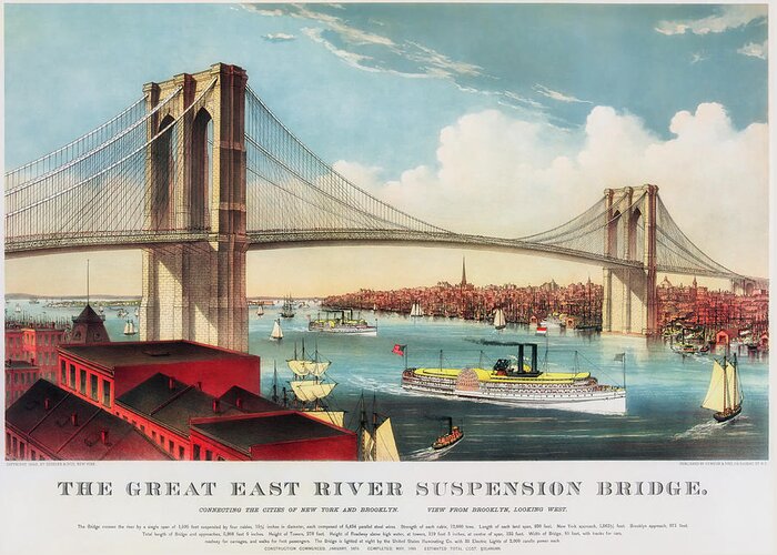 Lithograph Greeting Card featuring the drawing The Brooklyn Bridge #4 by Mountain Dreams