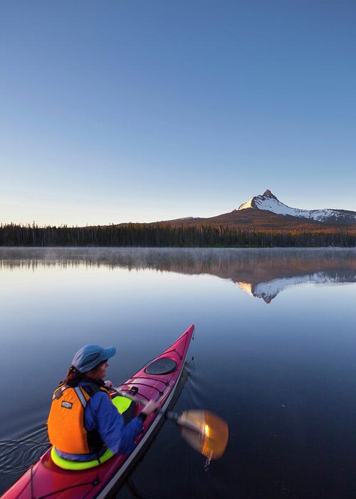 Adventure Greeting Card featuring the photograph USA, Oregon A Woman In A Sea Kayak #4 by Gary Luhm