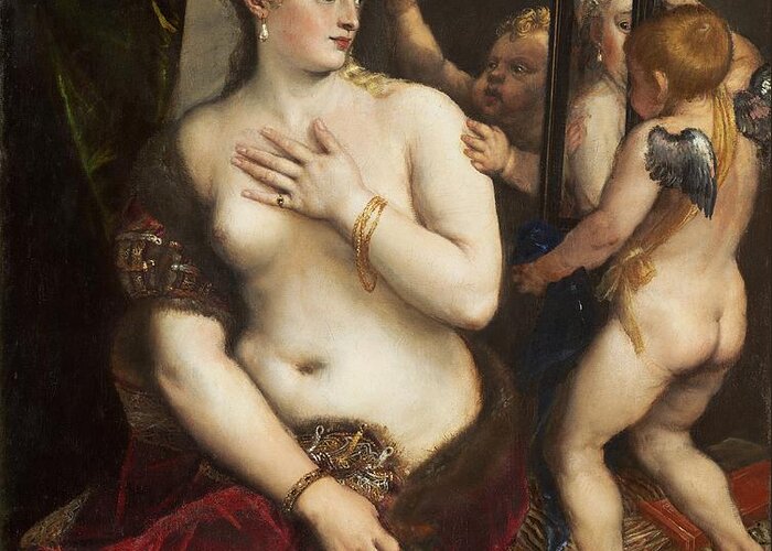 Titian Greeting Card featuring the painting Venus With A Mirror #4 by Titian