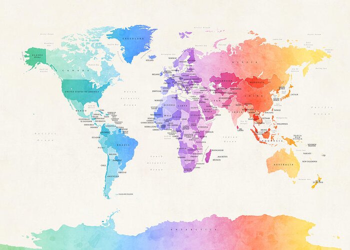World Map Greeting Card featuring the digital art Watercolour Political Map of the World by Michael Tompsett