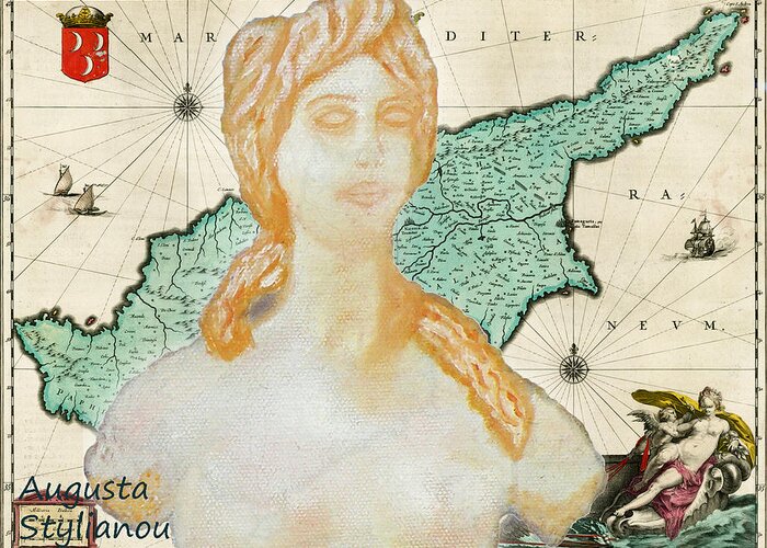 Augusta Stylianou Greeting Card featuring the digital art Ancient Cyprus Map and Aphrodite #1 by Augusta Stylianou