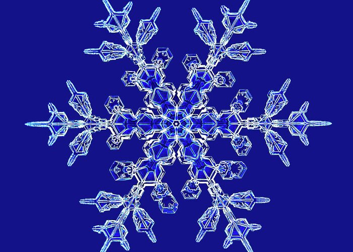 Blue Background Greeting Card featuring the photograph Snowflake #41 by Kenneth Libbrecht