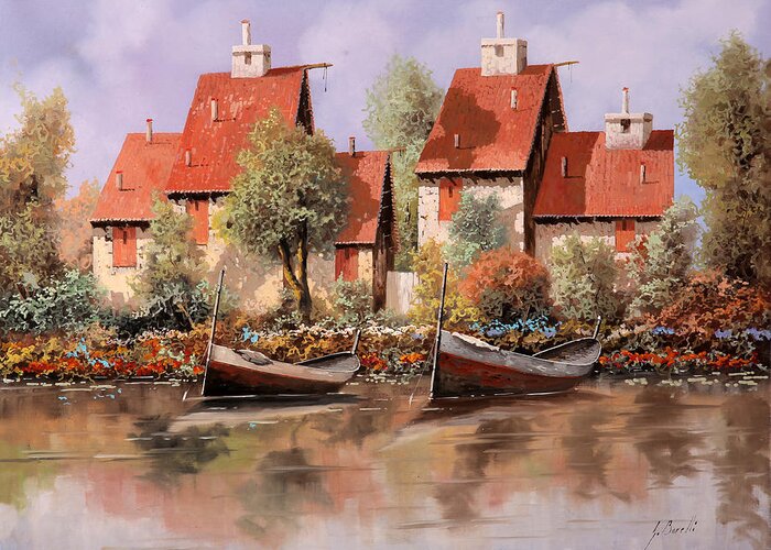 House Greeting Card featuring the painting 5 Case E 2 Barche by Guido Borelli