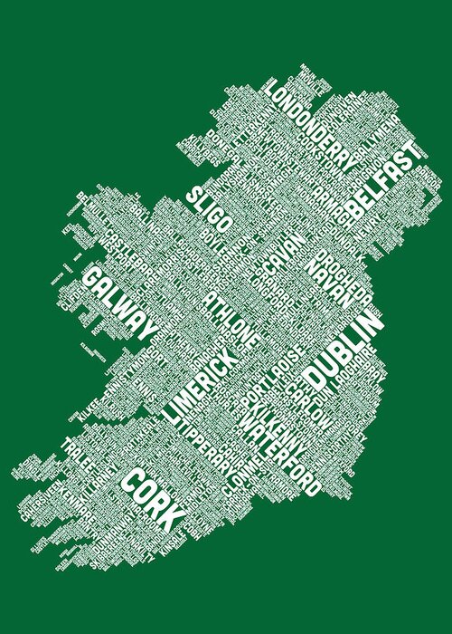 Ireland Map Greeting Card featuring the digital art Ireland Eire City Text map by Michael Tompsett