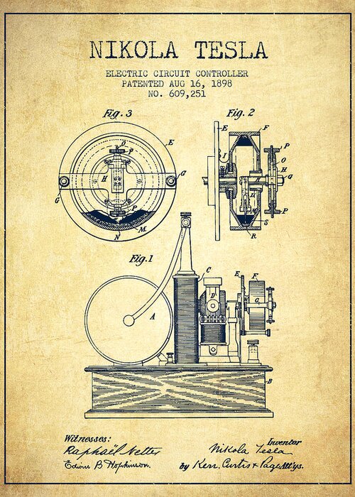 Nikola Tesla Electric Circuit Controller Patent Drawing From 189 ...