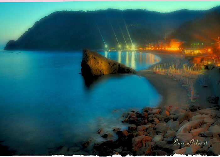 Monterosso Greeting Card featuring the mixed media 5 TERRE Monterosso beach in PASSEGGIATE A LEVANTE by Enrico Pelos