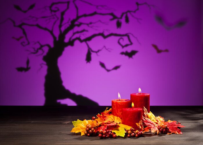 Red Greeting Card featuring the photograph Candles in Halloween setting #6 by U Schade