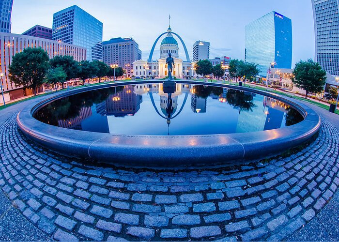 Arch Greeting Card featuring the photograph St. Louis downtown skyline buildings at night #6 by Alex Grichenko