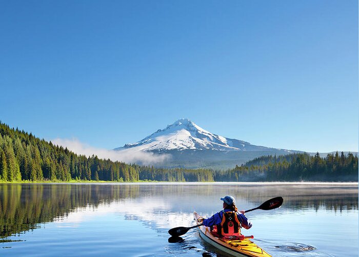 Adventure Greeting Card featuring the photograph USA, Oregon A Woman In A Sea Kayak #6 by Gary Luhm
