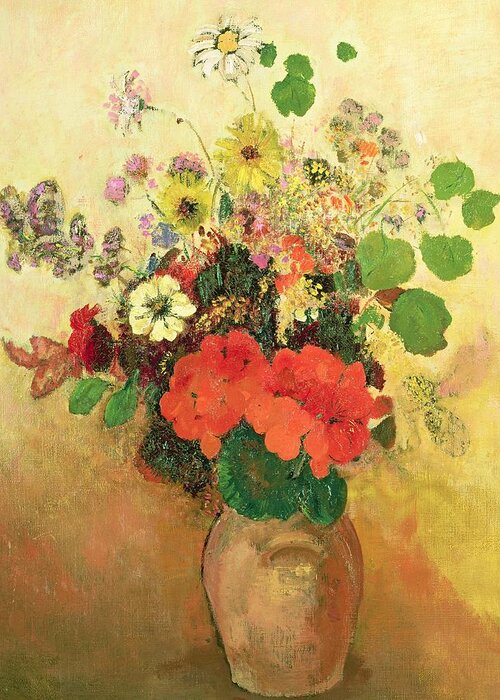 Still Life; Daisy; Vase; Symbolist Greeting Card featuring the painting Vase of Flowers by Odilon Redon