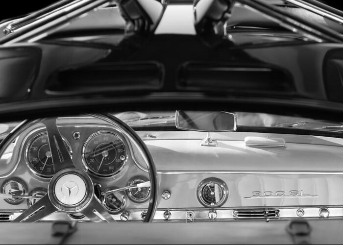 1955 Mercedes-benz Gullwing Dashboard Steering Wheel Greeting Card featuring the photograph 1955 Mercedes-Benz Gullwing Dashboard - Steering Wheel #7 by Jill Reger