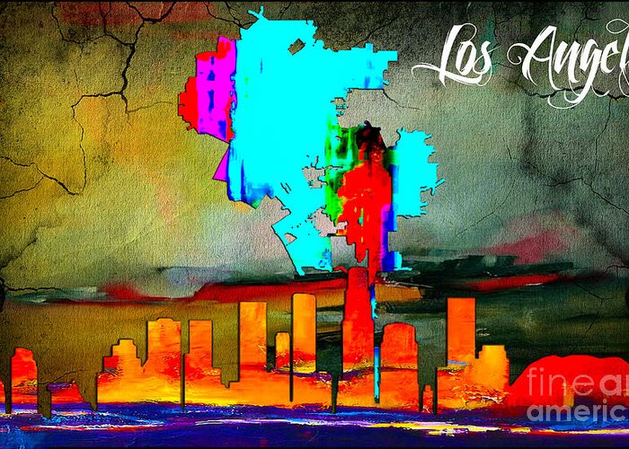 Los Angeles Art Greeting Card featuring the mixed media Los Angeles Map and Skyline #3 by Marvin Blaine