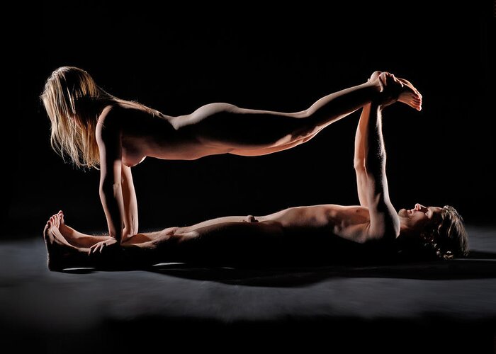 Lifting Greeting Card featuring the photograph 8194 Nude Couple Playing by Chris Maher