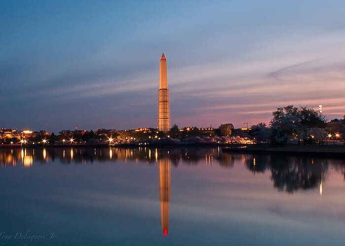 Landscape Greeting Card featuring the photograph 90 second exposure of the Washington Monument at sunrise by Tony Delsignore