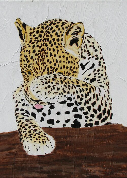 Leopard Greeting Card featuring the painting 97.. 95..99....100 Ready or Not by Stephanie Grant