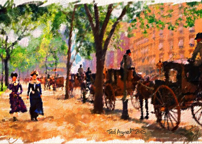 Art Greeting Card featuring the painting A 1890's Walk near Central Park by Ted Azriel