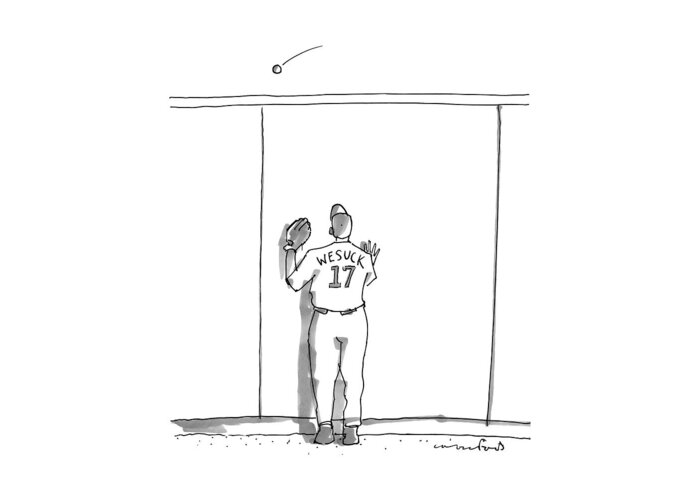 Baseball Greeting Card featuring the drawing A Baseball Player Watches A Ball Fly Over A Wall by Michael Crawford