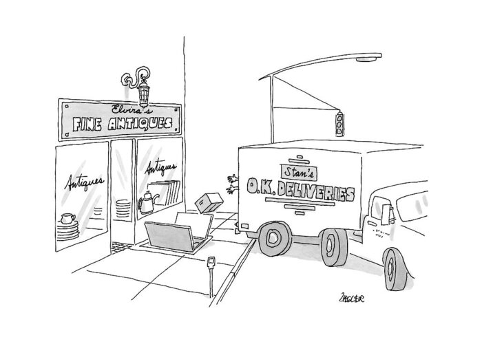 Fine Antiques Greeting Card featuring the drawing A Box From A Truck Labeled Stan's O.k. Deliveries by Jack Ziegler