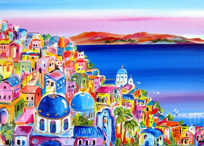 Santorini Greeting Card featuring the painting A bright day in Santorini Greece by Roberto Gagliardi