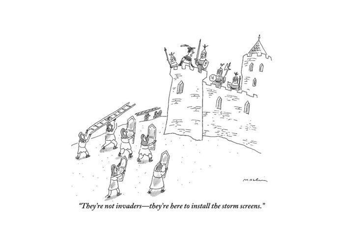 Windows Greeting Card featuring the drawing A Bunch Of Commoners File Toward A Castle by Michael Maslin