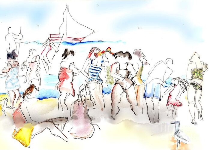 Beach Greeting Card featuring the painting A Busy Day at the Beach by Carolyn Weltman