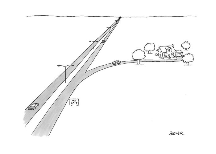Sign: My Exit
Highways Greeting Card featuring the drawing A Car Pulls Off A Highway by Jack Ziegler
