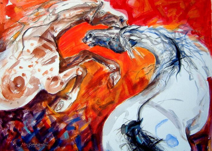 Horses Greeting Card featuring the painting A confrontation by Mary Armstrong