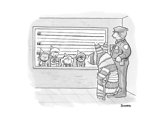 Captionless. Police Lineup Greeting Card featuring the drawing A Donkey-like Pinata With Bandages And A Crutch by Benjamin Schwartz