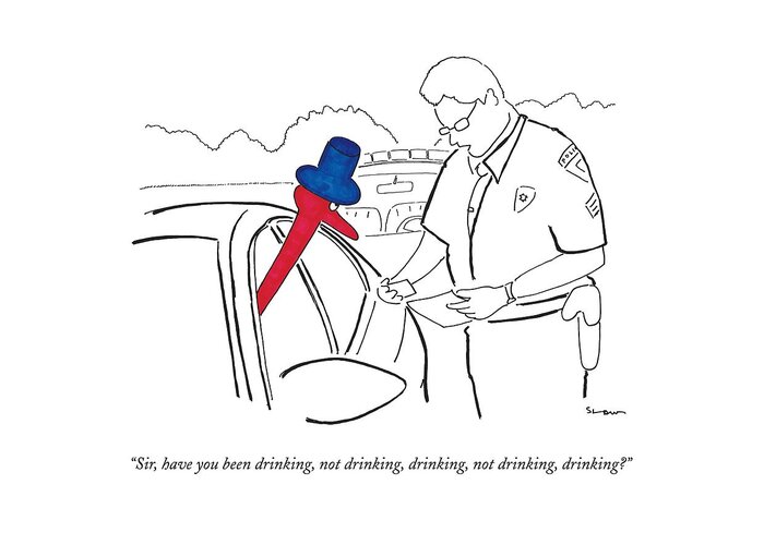 A Drinking Bird Toy Is Pulled Over By A Policeman Greeting Card by Michael  Shaw