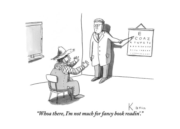 Optometrist Greeting Card featuring the drawing A Farmer Objects To A Doctor's Eye Exam Letter by Zachary Kanin