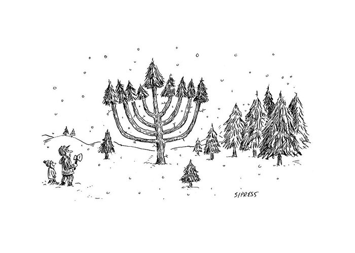 Christmas Greeting Card featuring the drawing A Father And Child See A Menorah-shaped Christmas by David Sipress