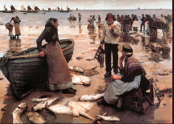 Stanhope Alexander Forbes Greeting Card featuring the digital art A Fish Sale on a Cornish Beach by Stanhope Alexander Forbes