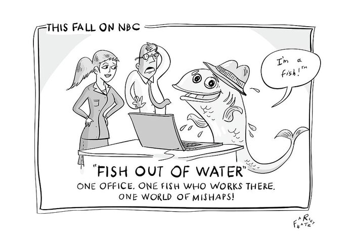 Captionless Greeting Card featuring the drawing A Fish Tries To Use A Computer While Two by Farley Katz