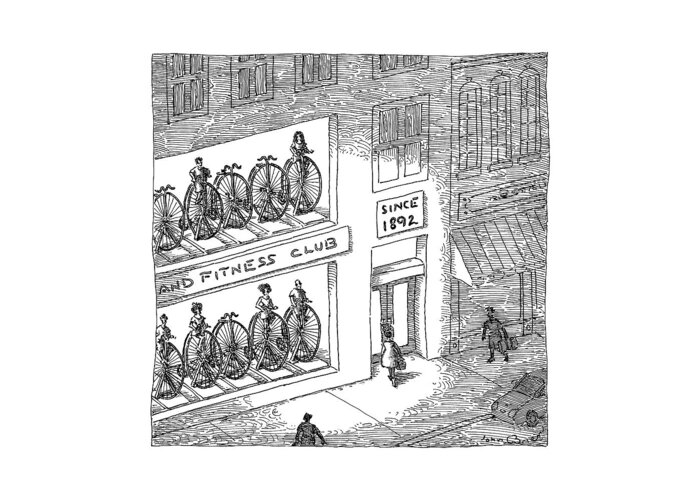 Captionless Bicycle Greeting Card featuring the drawing A Fitness Club With Sign by John O'Brien