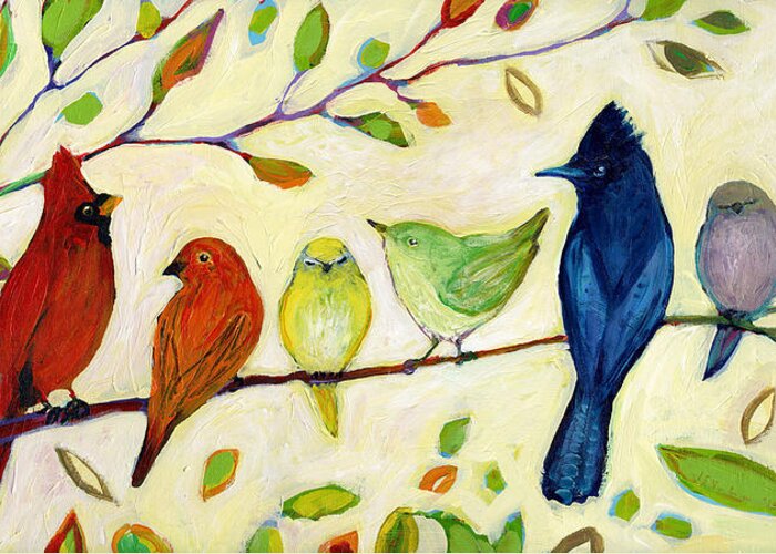 Bird Greeting Card featuring the painting A Flock of Many Colors by Jennifer Lommers