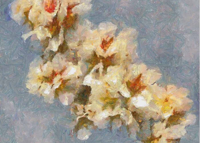 Still Life Greeting Card featuring the painting A Flourishing Cherry Branch by Dragica Micki Fortuna