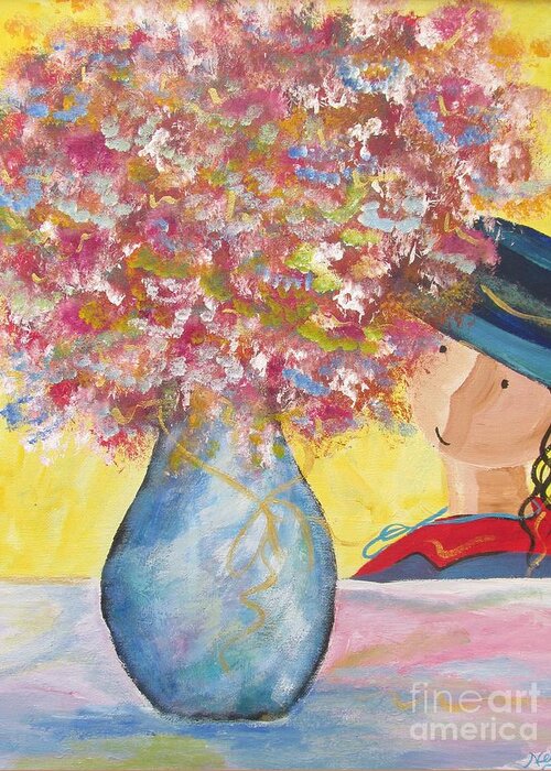 Girl Greeting Card featuring the painting A girl and her flower vase. by Nereida Rodriguez