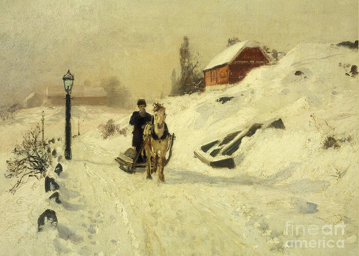 Horse-drawn Greeting Card featuring the painting A Horse Drawn Sleigh in a Winter Landscape by Fritz Thaulow