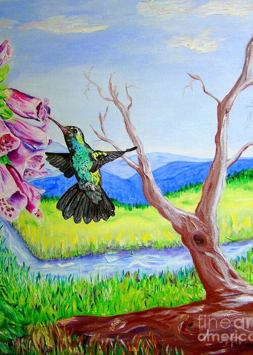 Hummingbird Greeting Card featuring the painting A Hummingbirds Day by Lisa Rose Musselwhite