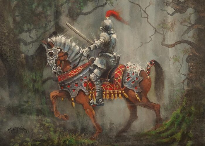 Knight On Horseback Greeting Card featuring the painting A Knight in Shining Armor by Tom Shropshire
